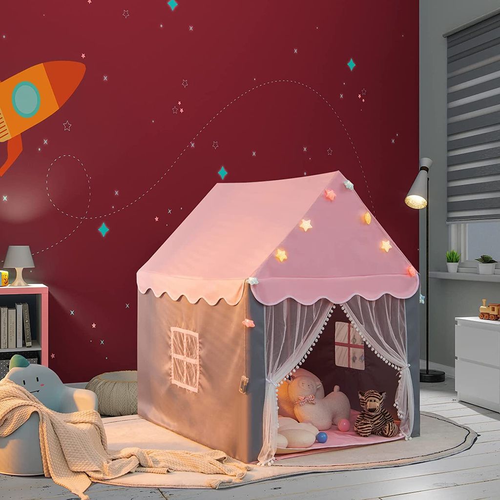 GOPLUS Kinderhauszelt, Spielzelt mit Netzfenster, Großem Raum, Stern-Lichterkette, Baumwollmatte, Gaze-Vorhänge, Klappzelt für Drinnen und Draußen