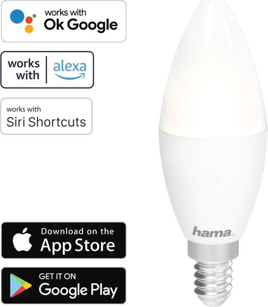 A Hama WLAN-LED-Lampe with compatibility logos and app store download buttons.