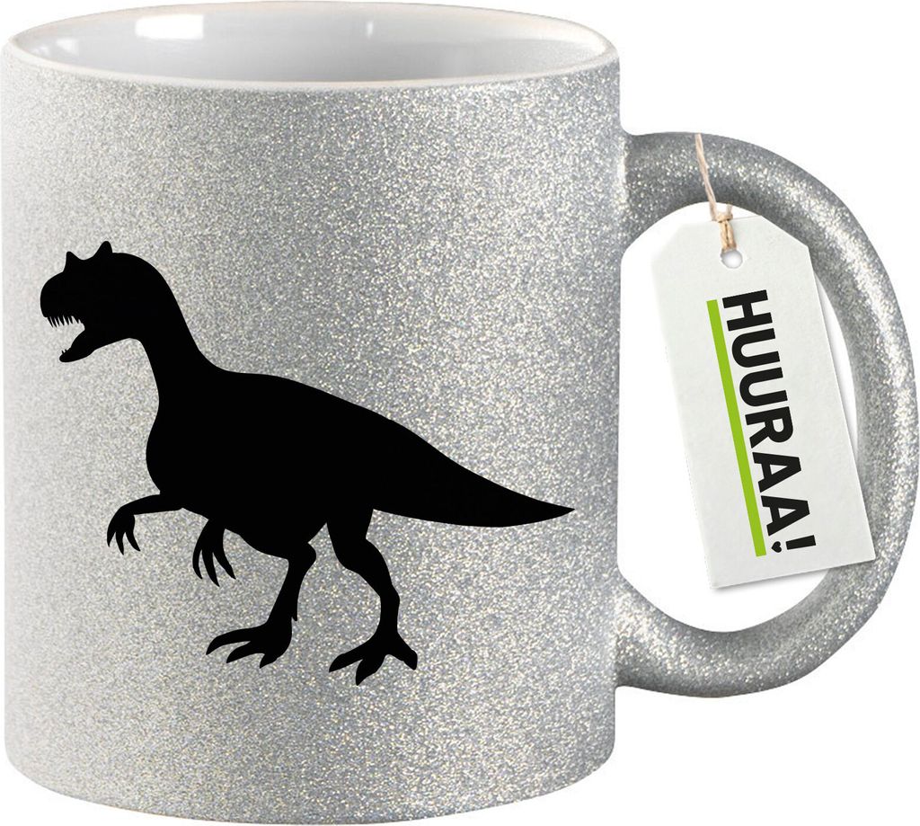 Huuraa Glitzertasse Allosaurus Dinosaurier 330ml Silber Keramik Kaffeebecher Geschenkidee