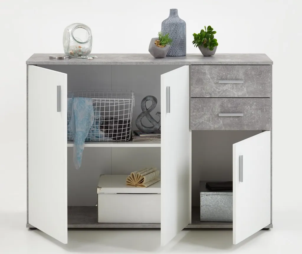 Commode ALBI 2 Design Béton avec 3 Portes et 2 Tiroirs Rangement Chic