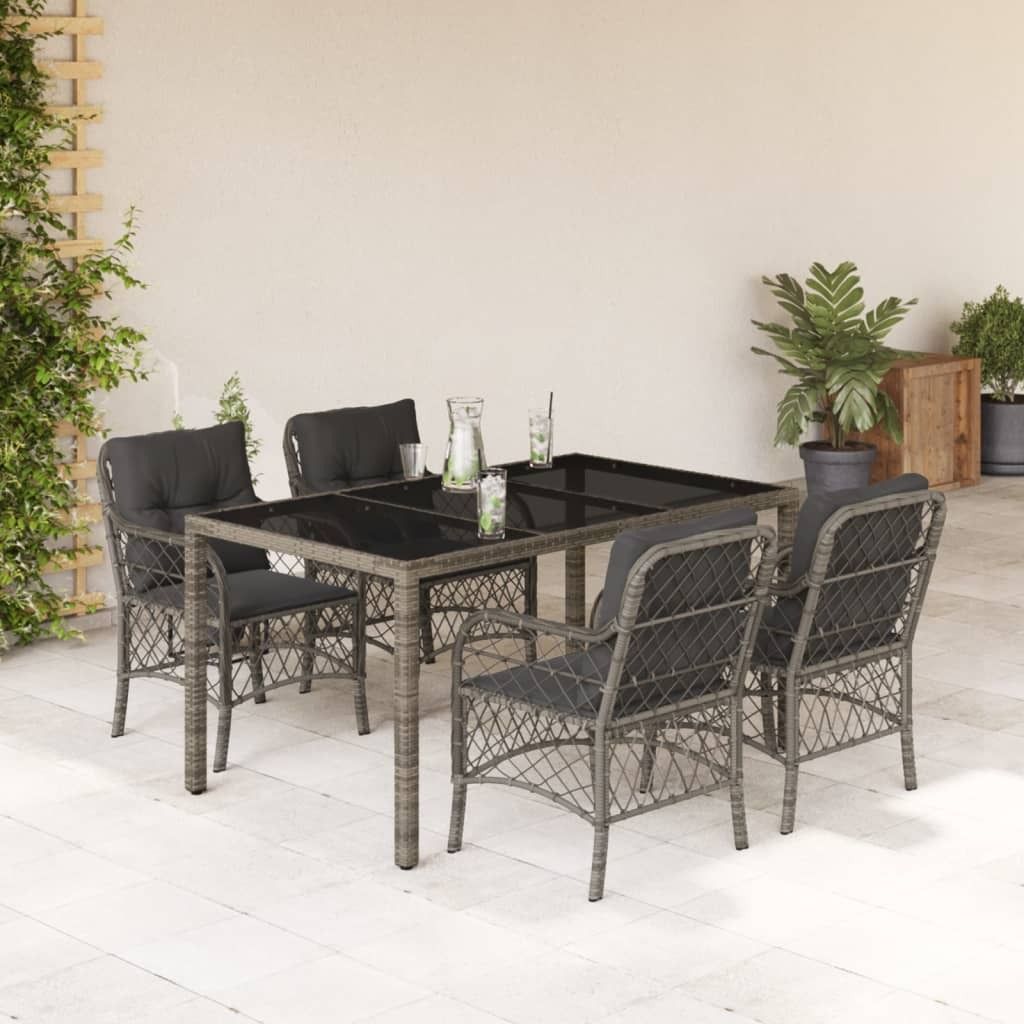 Design 5-tlg. Garten-Essgruppe mit Kissen Grau Poly Rattan, Gartenmöbel-Sets 2024 Neu