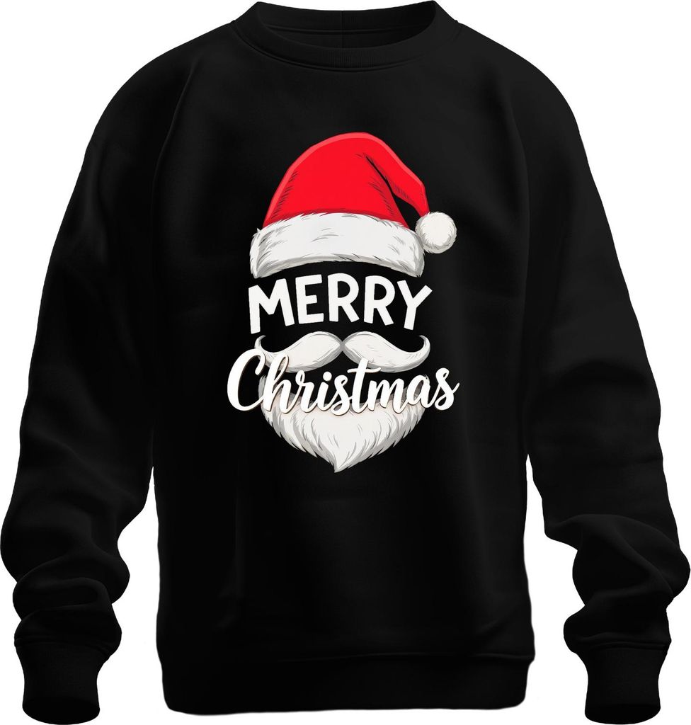 Merry Christmas Weihnachtsmann Nikolaus Mütze Bart Lustig Retro Uni Sweatshirt Pullover, Schwarz, S