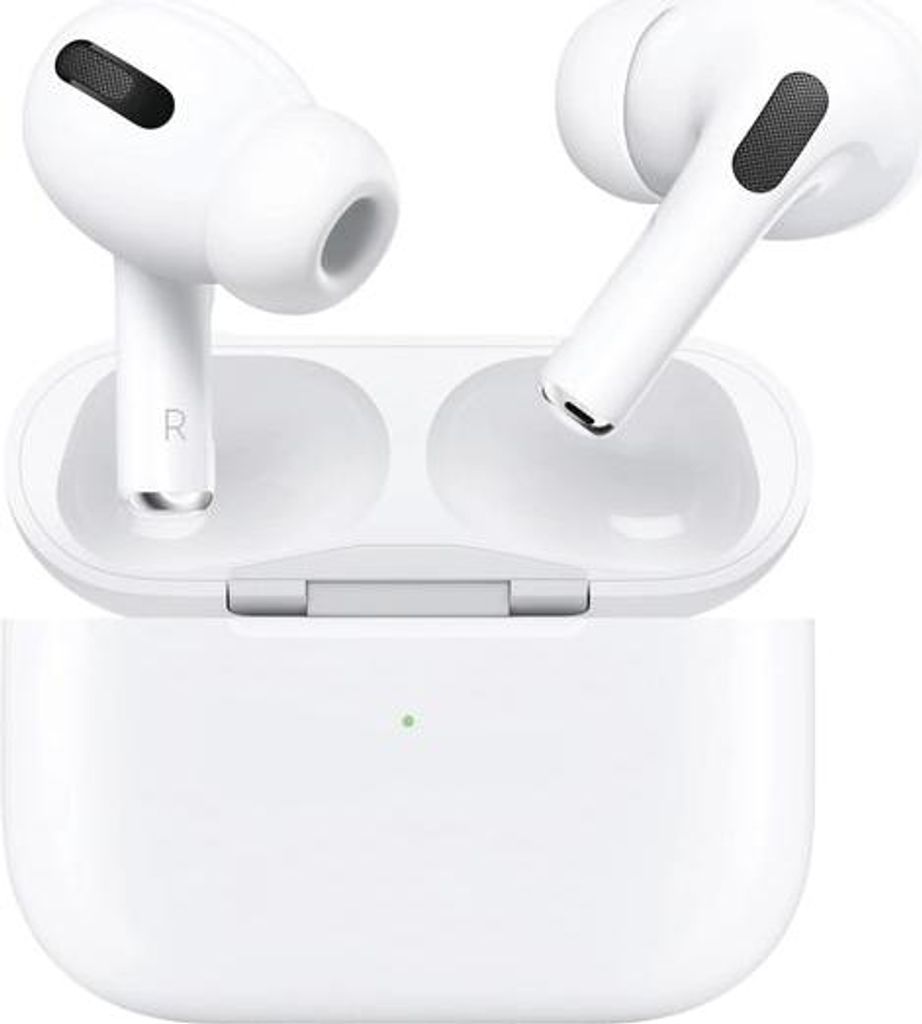 A pair of white wireless earbuds and their charging case are displayed against a white background.
