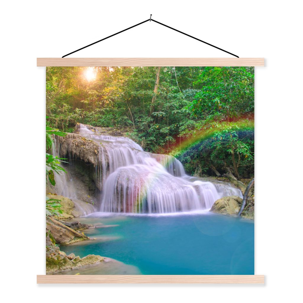 MuchoWow Textilposter Regenbogen - Sonne - Wasserfall - Natur 60x60 cm mit holzfarbenen Rahmen - Wanddekoration