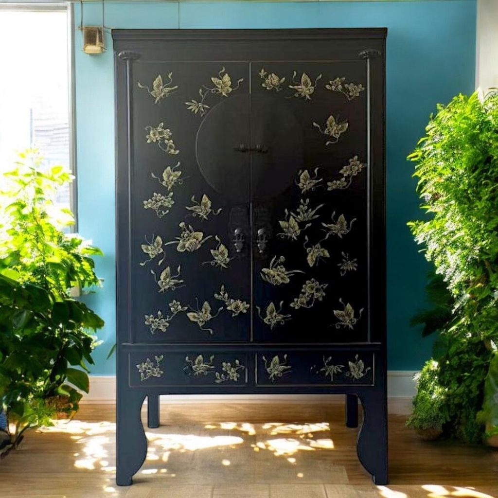 Schrank Hochzeitsschrank Kleiderschrank Kommode Asia Möbel schwarz chinesisch orientalisch asiatisch vintage komplett montiert