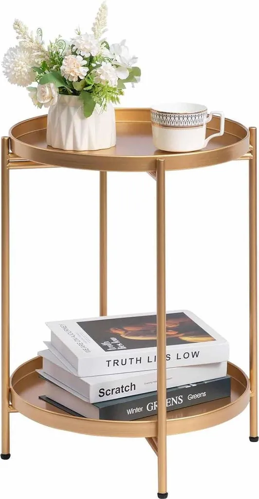 Guéridon doré en métal avec double plateau rond pour chambre et salon