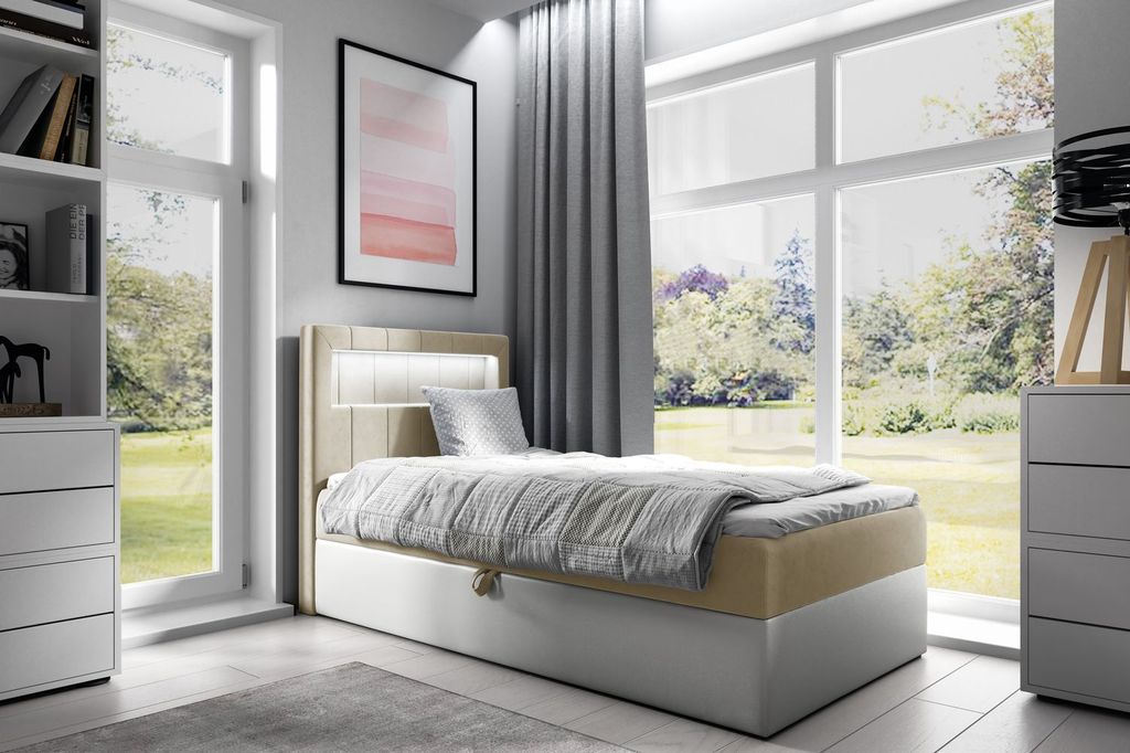 Einzelbett 90x200 KISHA 1 – beige/weiß, Öffnung rechts + GRATIS Matratzenauflage