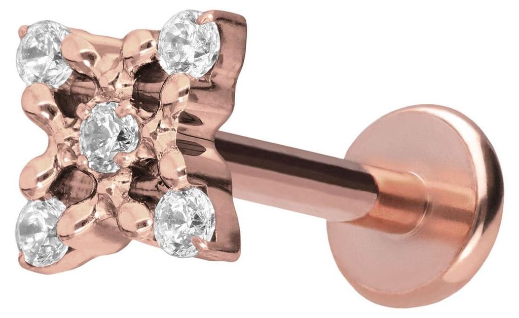 Ohrpiercing, Nasenpiercing Titan Labret mit Push Fit KRISTALLBLUME RoséGold Stablänge: 10mm | Stabstärke: 1,2mm