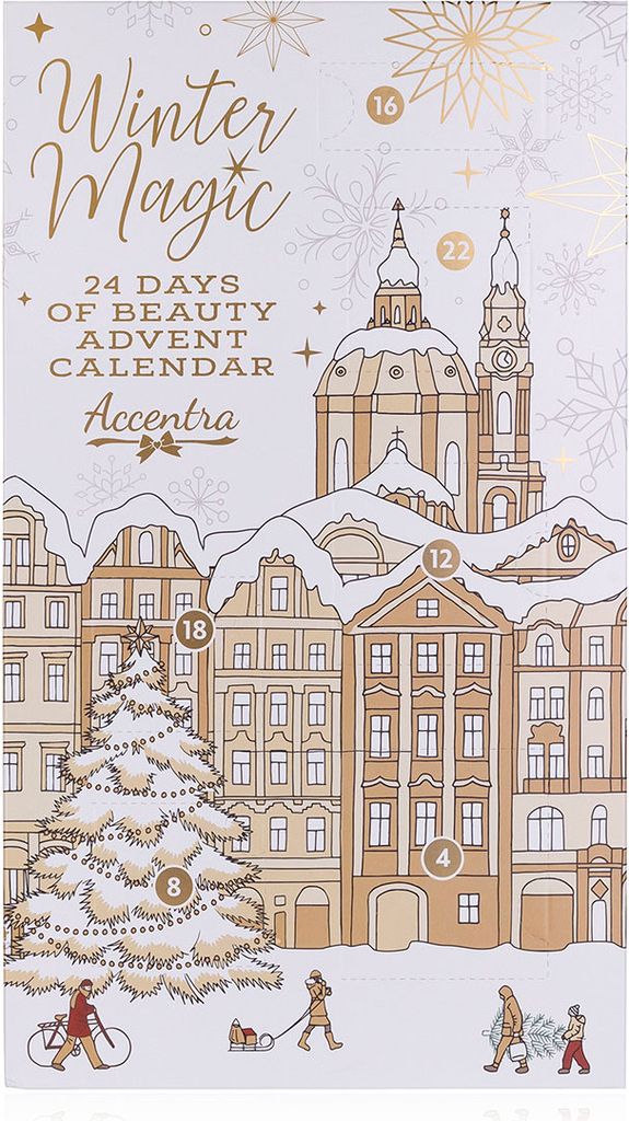 A winter scene with buildings, a Christmas tree, and people, depicting an advent calendar.