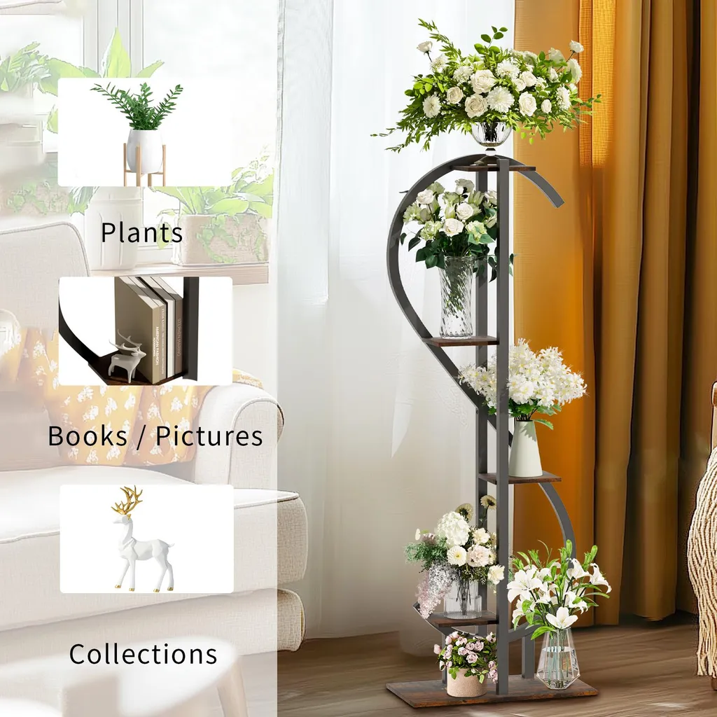 Support à fleurs vertical 5 niveaux gain de place stable marron rustique - 10