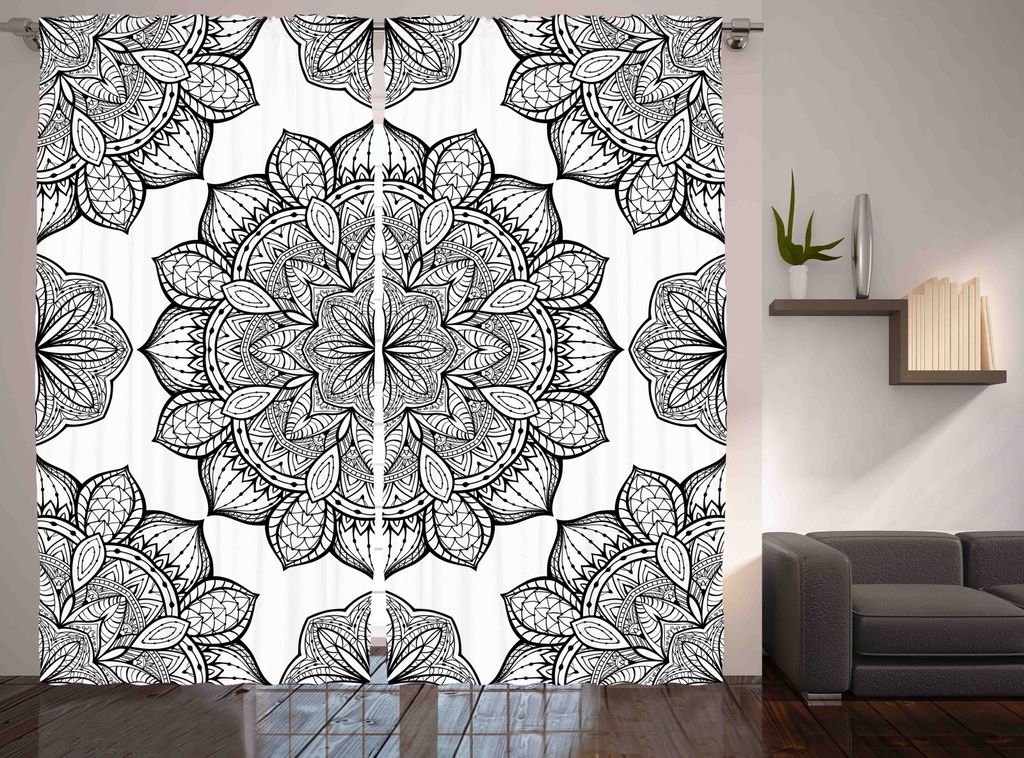 ABAKUHAUS Mandala Rustikaler Vorhang, Künstlerische Blumenmotiven, Wohnzimmer Universalband Gardinen mit Schlaufen und Haken, 280 x 245 cm, Anthra...