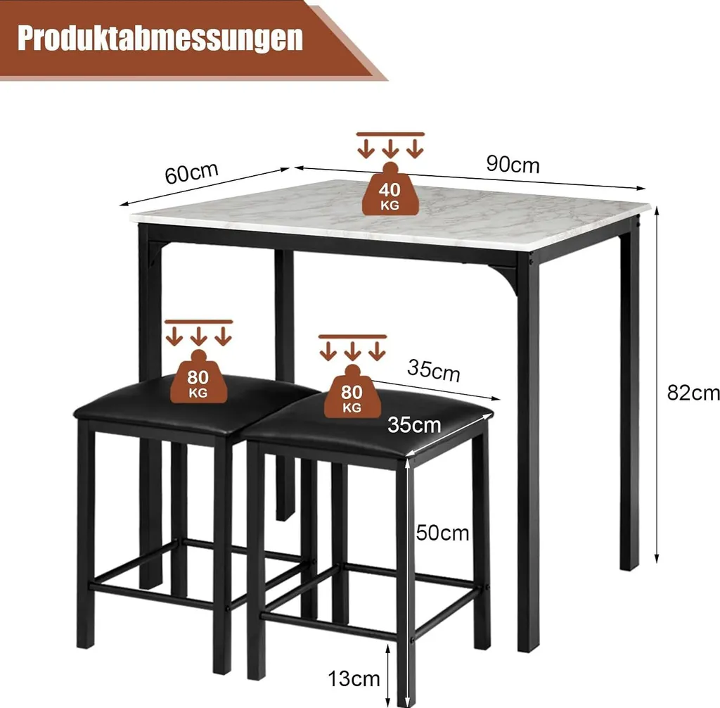 COSTWAY Ensemble Table de Bar avec 2 Tabourets Rembourrés Blanc 90cm - 6
