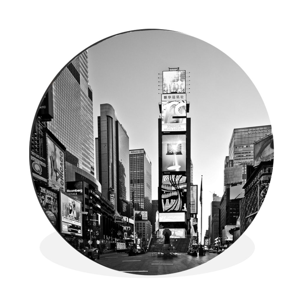 MuchoWow Aluminium Wandkreis Quadratischer schwarz-weißer Times Square mit Werbetafeln Ø 30 cm Wanddeko Modern Wohnzimmer - Wand Bild - Wohnzim...