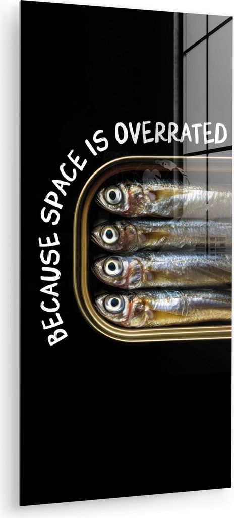 MuchoWow Glasbilder - Bilder auf Wandbild - Foto auf Glas Sardinen - Text - Fisch - Konserven 40x80 cm Wanddekoration aus Glas - Acrylglasbild - Ac...