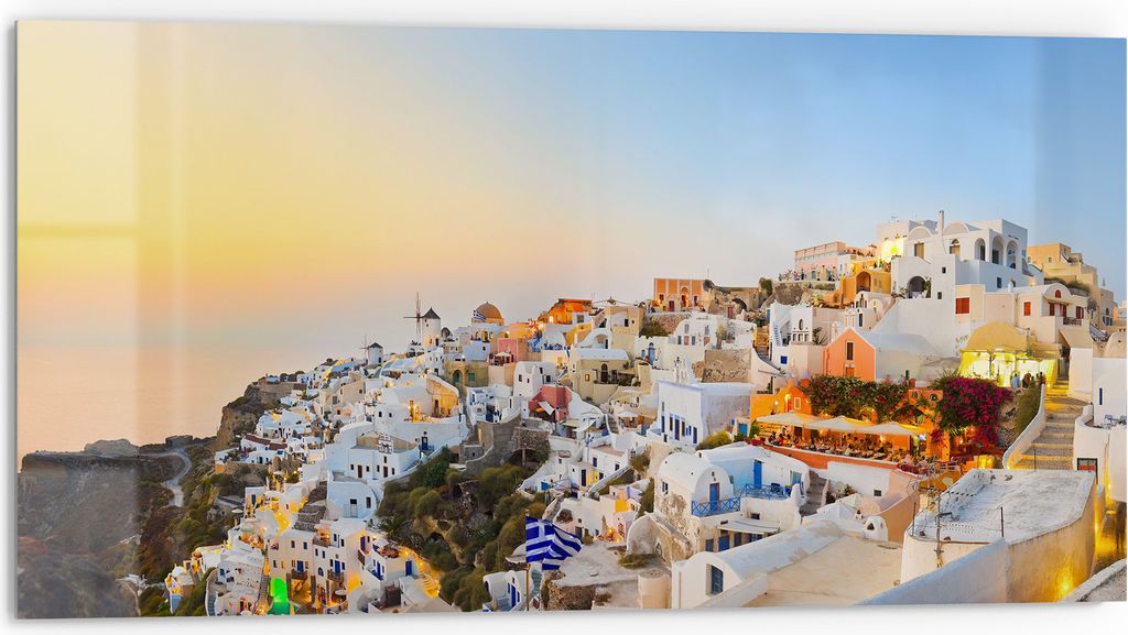 DEQORI Küchenrückwand Glas 80x40 cm 'Kykladen-Dämmerung' Spritzschutz Bad Rückwand Küche