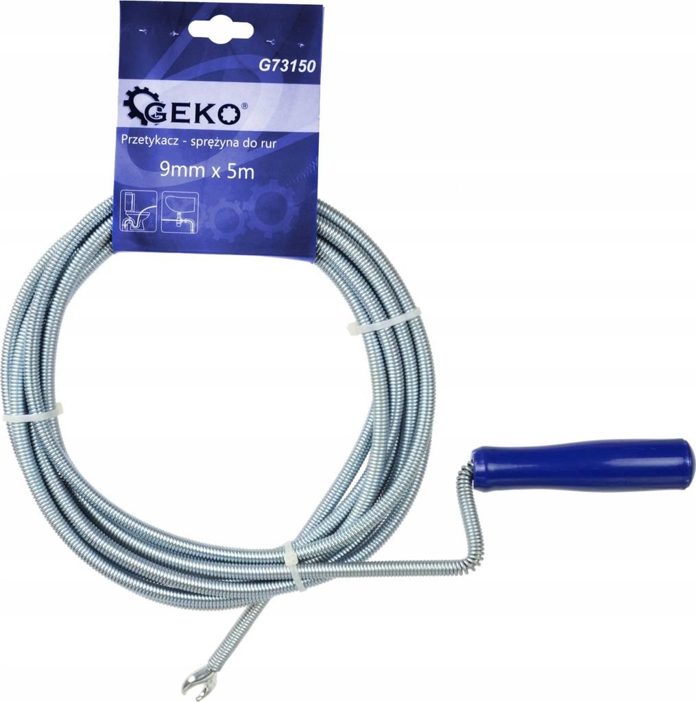 A coiled drain snake with a blue handle, presented on a white background with its packaging.