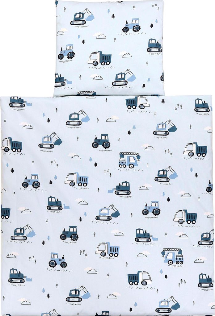 TupTam Unisex Baby Wiegenset 4-teilig Bettwäsche-Set: Bettdecke und Kopfkissen mit Bezug, Farbe: Baufahrzeuge / Bagger / Blau / Hellgrau, Größe:...