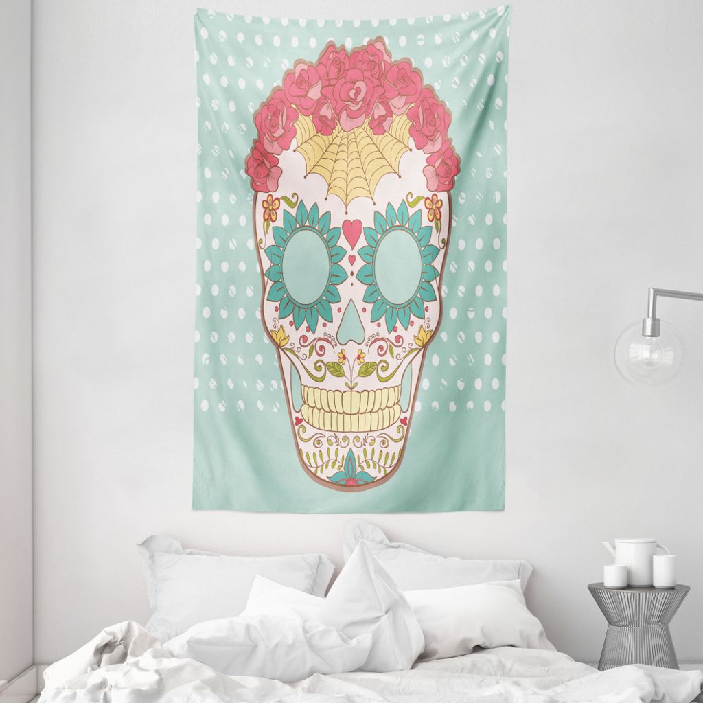 ABAKUHAUS Zuckerschädel Wandteppich und Tagesdecke, Floral Lady Schädel aus Weiches Mikrofaser Stoff Waschbar ohne Verblassen Digitaldruck, 140 x...