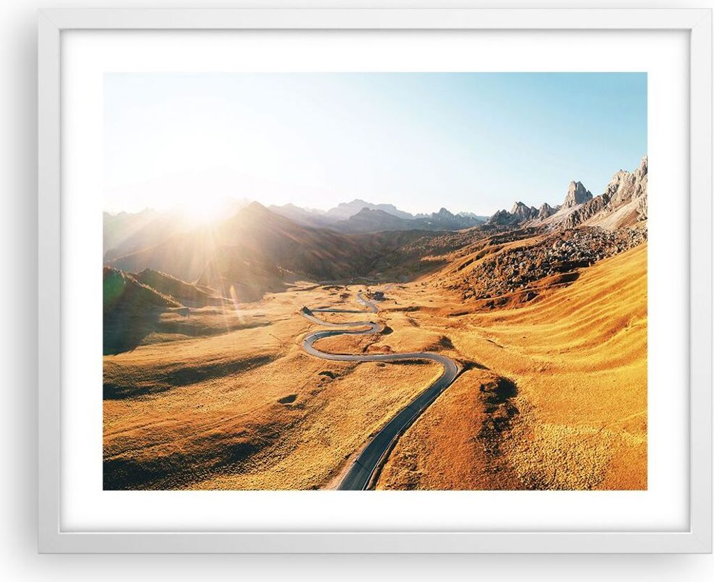Gerahmtes Poster - Weißer Rahmen - Sonne Berge Weg - 50x40 cm - Wand Bild - Wanddeko - Wandbilder - Kunstposter - Wandposter - Bilderrahmen - Bild...