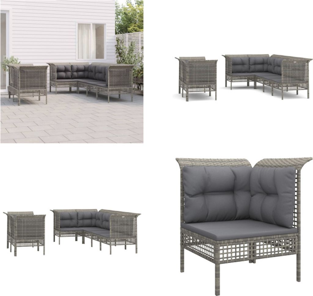 vidaXL 7 tlg. Garten Lounge Set mit Kissen Grau Poly Rattan - Garten Lounge Set - Garten Lounge Sets - Lounge Set - Gartenmöbel Set