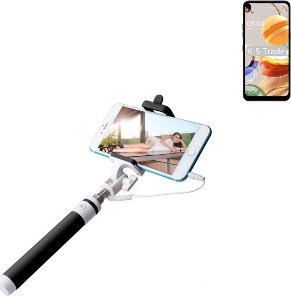 K-S-Trade Selfie Stick kompatibel mit LG Electronics K61 Selfiestick kabelgebunden Monopod mit Kabel Stab Stange Selfportrait Handheldstick schwarz