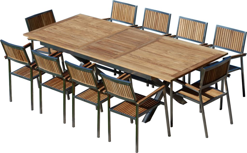 ALEOS. Gartengarnitur Edelstahl Teak Set: Ausziehtisch 200-260x100 cm + 10 stapelbare Sessel Edelstahl Teak A-Grade Holz Sitzgruppe - Gartenmöbel ...
