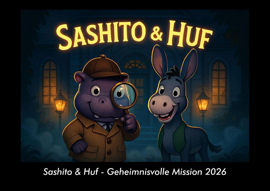 Sashito & Huf - Geheimnisvolle Mission 2026 Fotokalender - Querformat DIN A3, Monatskalender mit Kinder-Motiven von Tieren, Reisen, Freundschaft un...