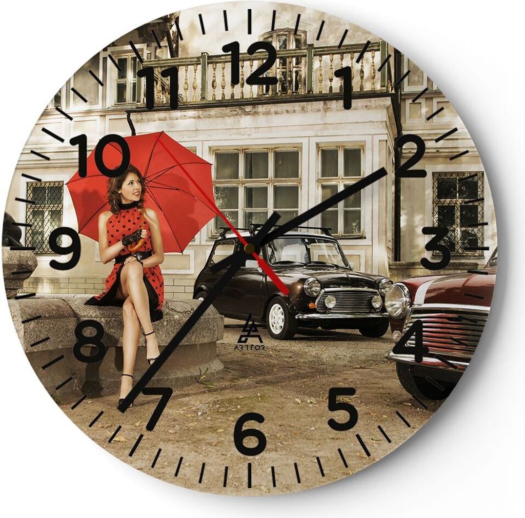 Wanduhr - Rund - Glasuhr - Attraktiv Frau Spaziergang Regenschirm - 30x30cm - Schleichendes Uhrwerk - Lautlos - zum Aufhängen bereit - Dekoration ...