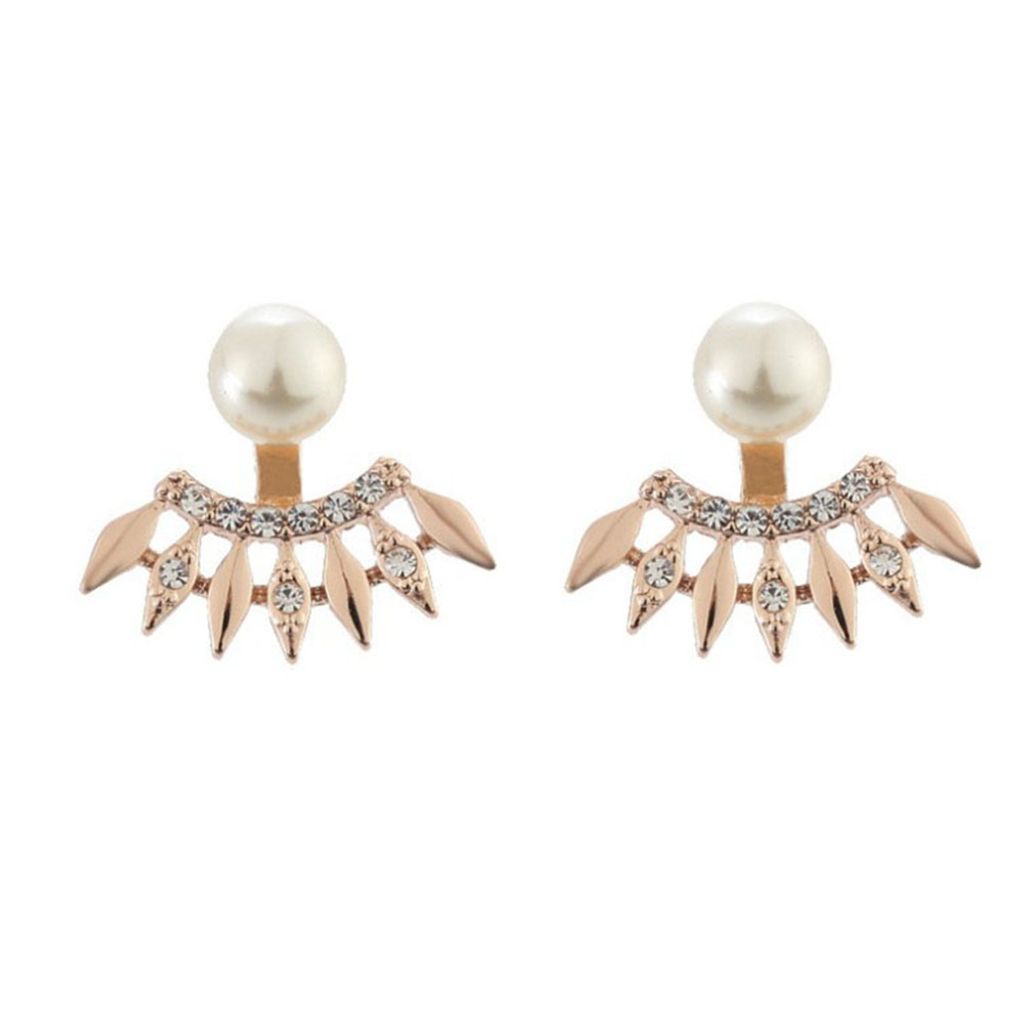 Mode Frauen Strass Faux Perle Fan Form Ohr Jacken Ohrringe Schmuck Geschenk-Roségold