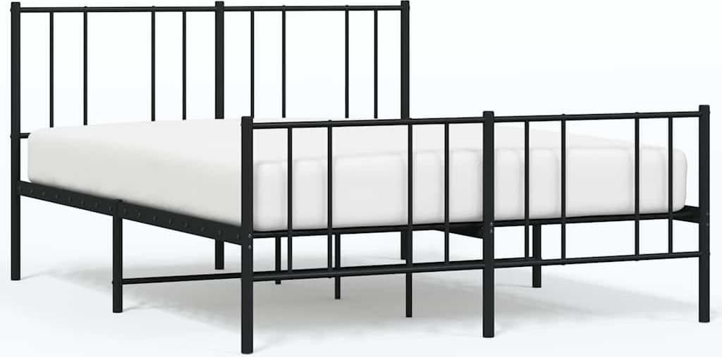 A black metal bed frame with a white mattress on a white background.