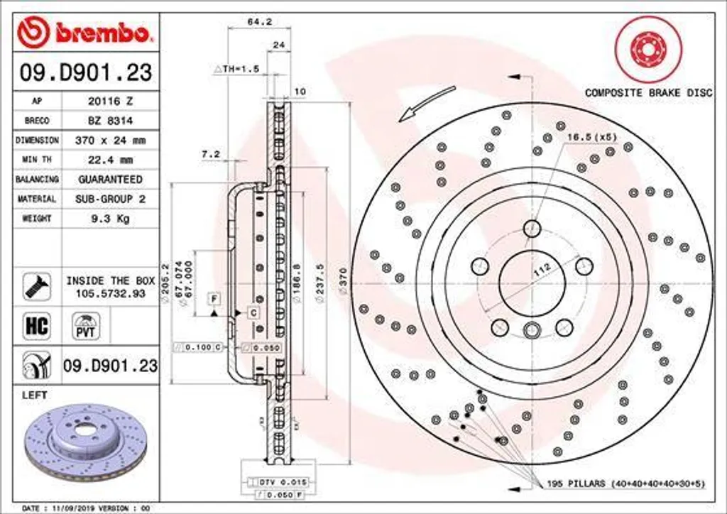 Brembo 09.D901.23 disque de frein haute performance pour Série 5 G30