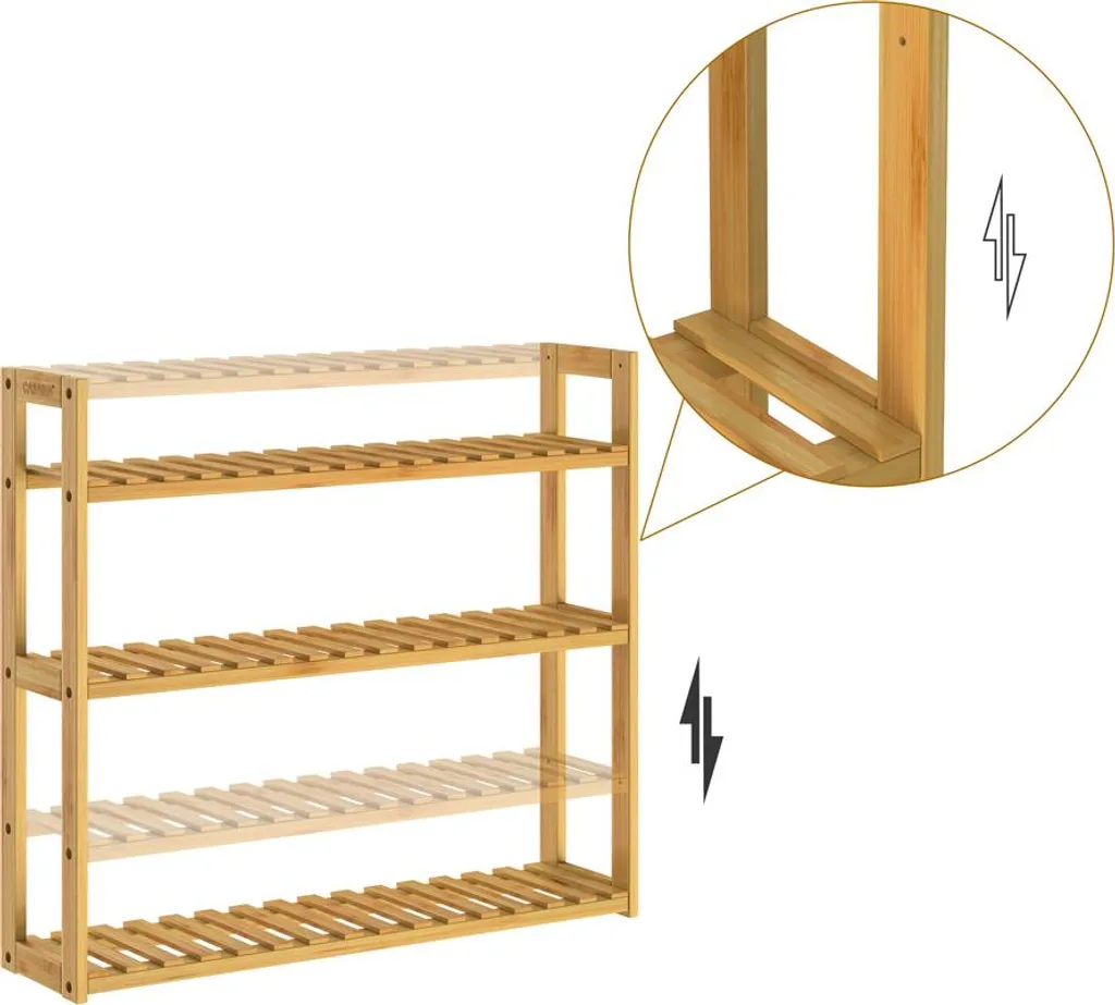 Étagère en bambou robuste charge 30kg avec tablettes ajustables 2en1
