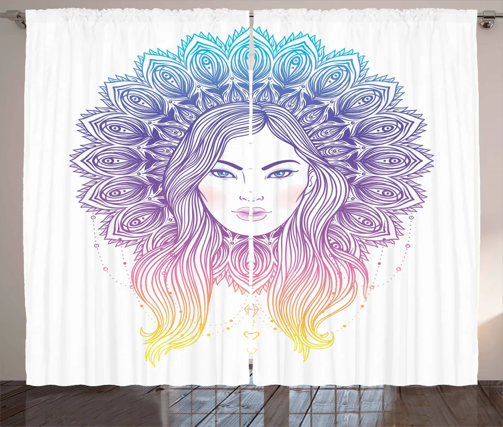 ABAKUHAUS Diva Tenda rustica, Boho Ragazza Mandala con piume, Tende universali per soggiorno con passanti e ganci, 280 x 245 cm, multicolore