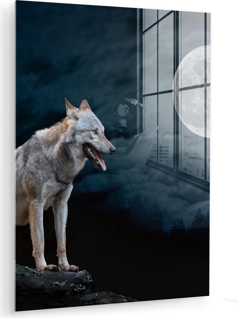 MuchoWow Glasbilder - Bilder auf Wandbild - Foto auf Glas Wolf - Mond - Nacht - Tiere - Porträt 30x40 cm Wanddekoration aus Glas - Acrylglasbild -...