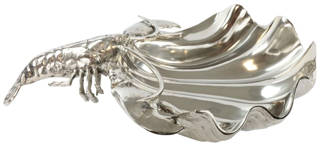 FURNARO Muschelschale Lobster maritime Deko-Schale in Silberoptik aus Aluminium, 62x43x14,5 cm, detailreiches Hummer-Design