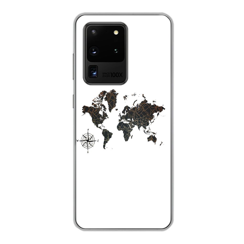 MuchoWow Handyhülle Schutzhülle Hülle für Samsung Galaxy S20 Ultra Weltkarte - Gold - Schwarz - Windrose Silikon Softcase Handy Hülle - Kart...