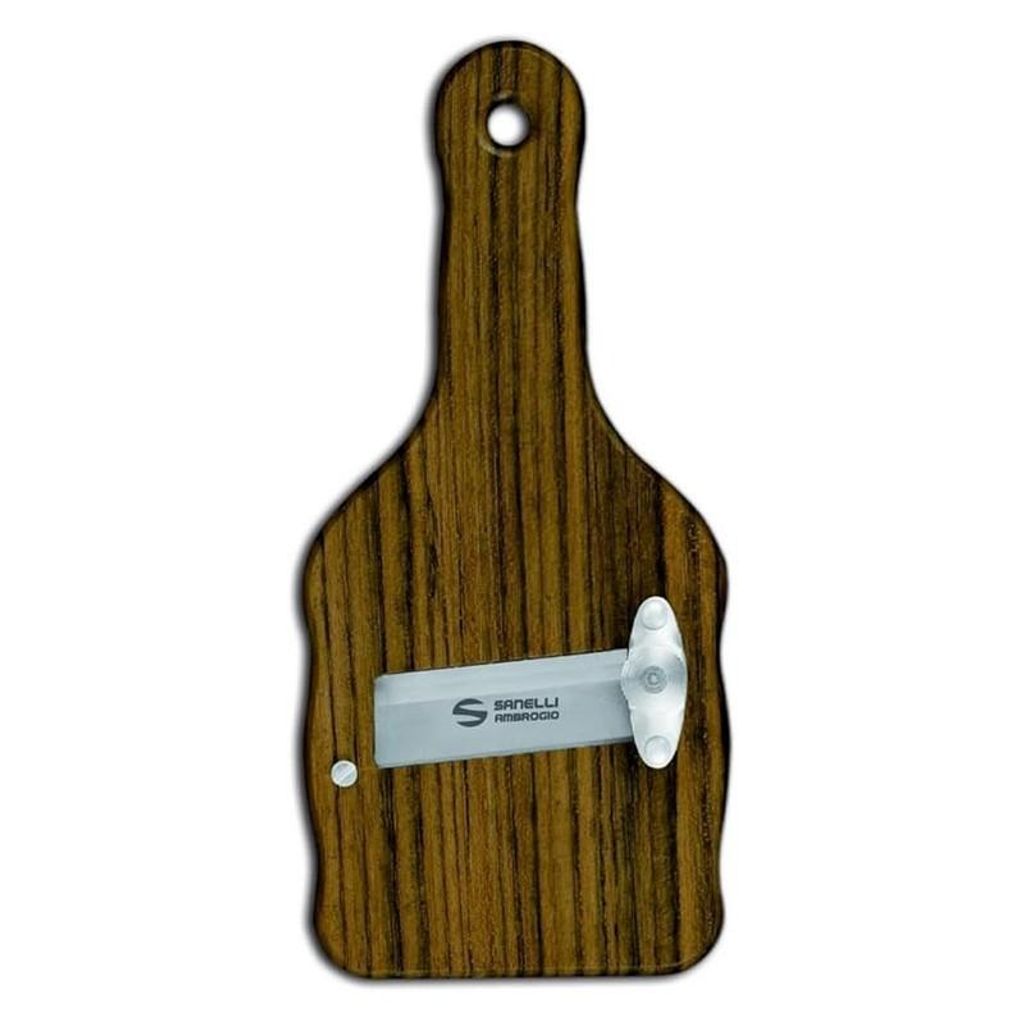 A truffle slicer made of Ovangkol wood with a metal blade.