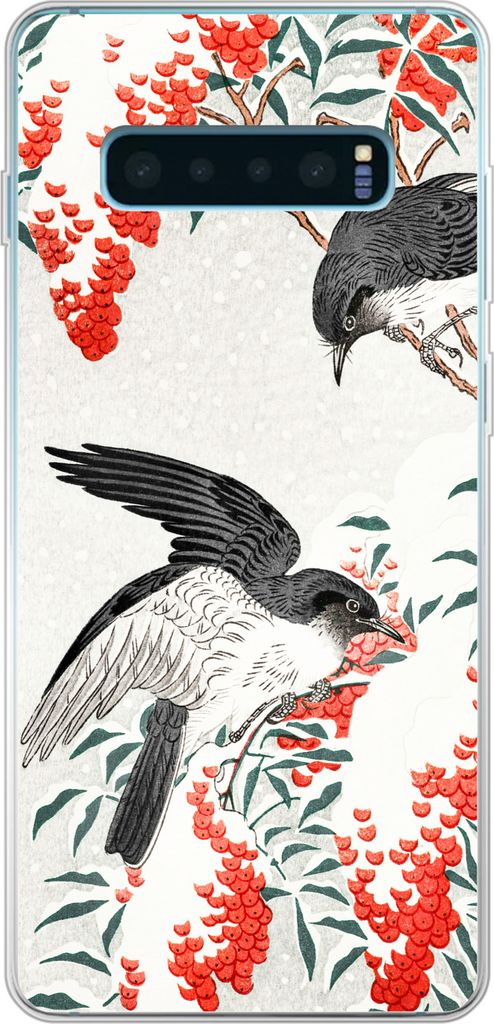 MuchoWow Handyhülle Schutzhülle Hülle für Telefoonhoesje Samsung Galaxy S10 Plus Japan - Schwalbe - Vögel - Beere - Vintage Silikon Softcase...