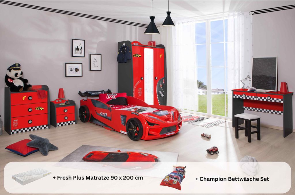 Kinderzimmer komplett Set Autobett Rio 5 teilig Rot , Sportsitze:ohne Sportsitze, Matratze:Creativ Fresh Plus H2, Bettwäsche:mit Bettwäsche, Wand...