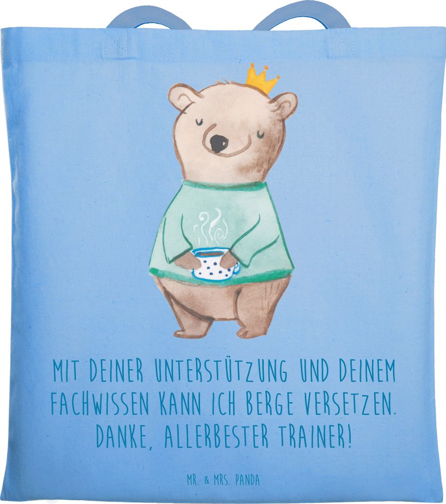 Mr. & Mrs. Panda Tote Bag Bester Trainer - Sky Blue - Geschenk, Tasche, Danke sagen, Büchertasche, Stoffbeutel, Tragetasche, Bedanken, Berge verse...