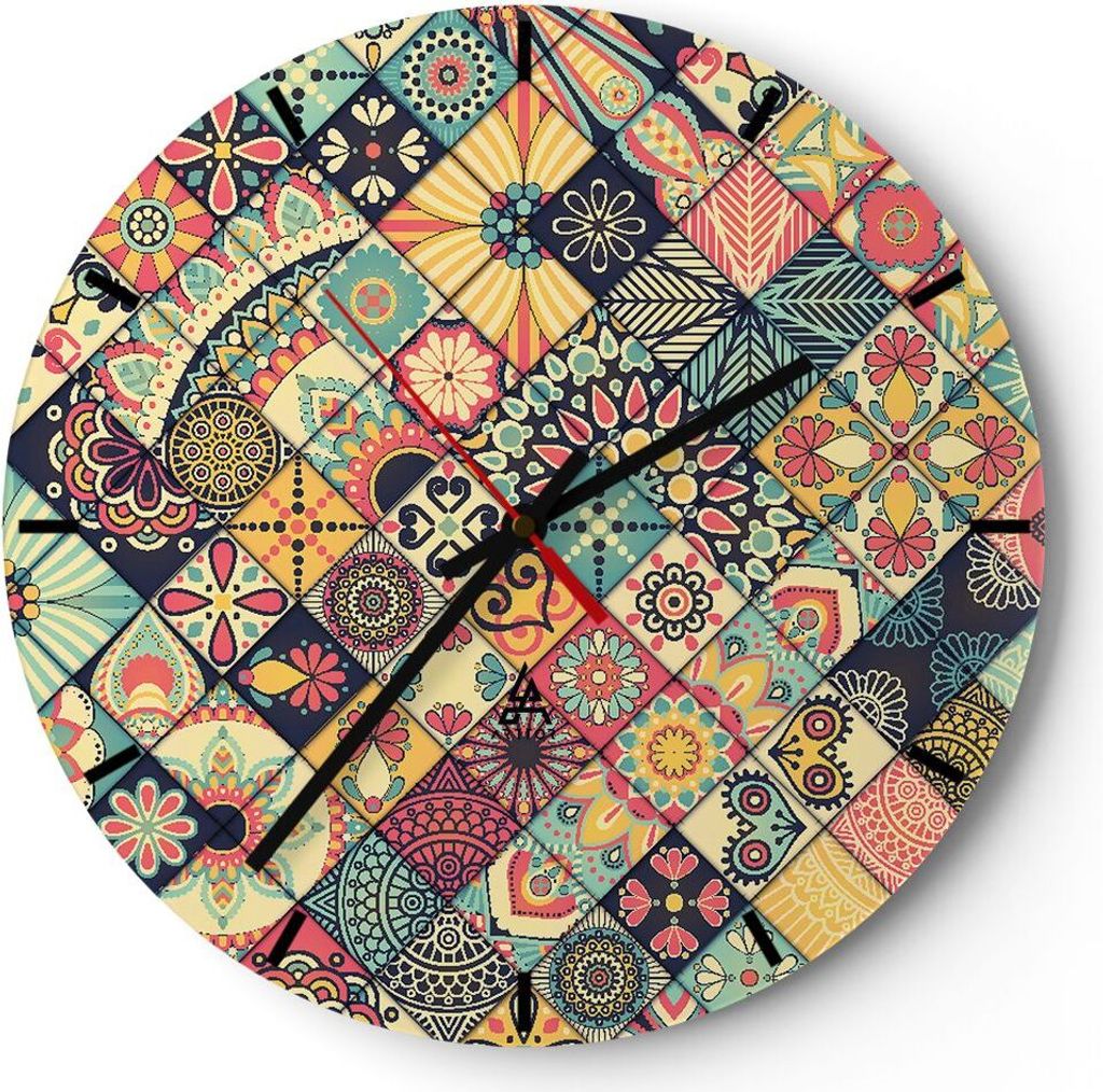 Wanduhr - Rund - Glasuhr - Blumen Mosaik - 40x40cm - Schleichendes Uhrwerk - Lautlos - zum Aufhängen bereit - Dekoration Modern - Wanddekoration a...