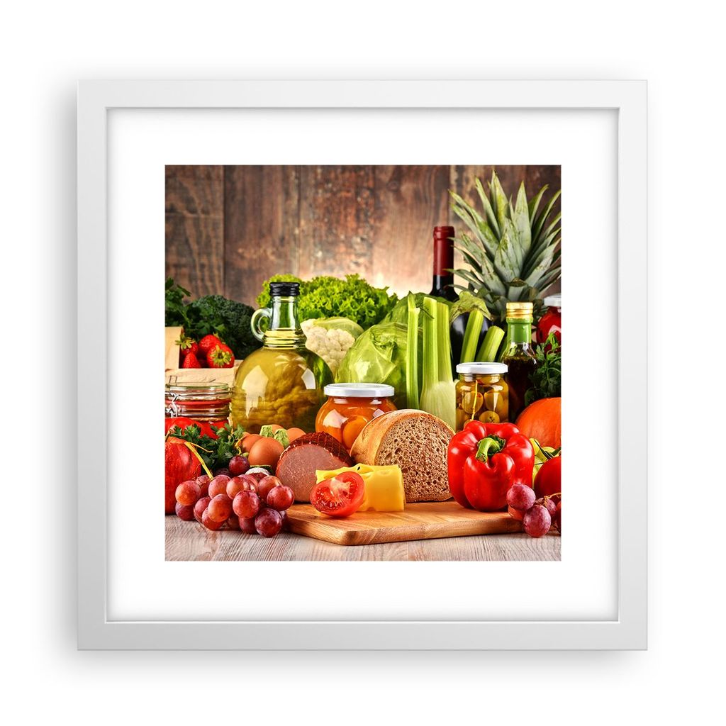 Gerahmtes Poster - Weißer Rahmen - Lebensmittel Gemüse Brokkoli Fleisch - 30x30 cm - Wand Bild - Wanddeko - Wandbilder - Wandposter - Bilderrahme...