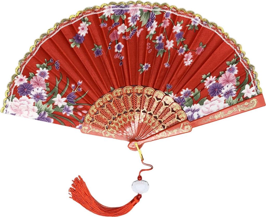 Faltfächer im chinesischen Stil mit Blumen und Quasten, tragbarer Handventilator für den Sommer, Dekoration, Tanz-Performance-Requisiten, Party-K...