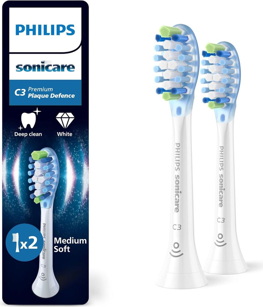 A product package for Philips Sonicare toothbrush heads, with two brush heads shown separately.