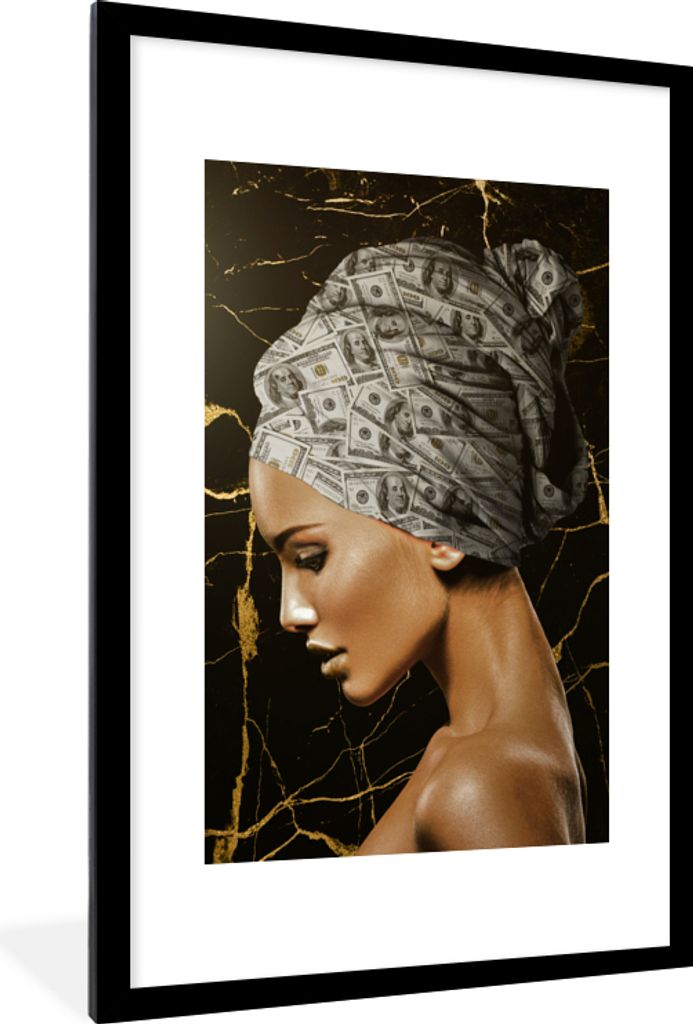 MuchoWow MuchoWow Gerahmtes Poster Frau - Kopftuch - Geldscheine 60x90 cm - Poster mit zchwarzem Bilderrahmen - Dekoration - Wandposter Wohnzim...