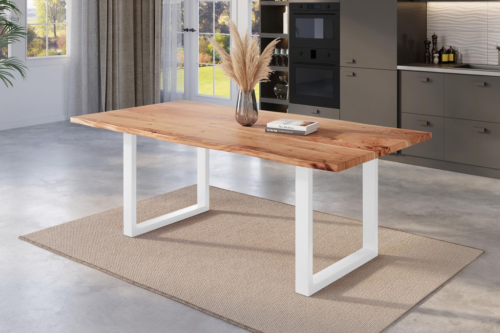Esstisch Baumkante 180 x 90 cm Akazie natur massiv U-Gestell weiß NICK