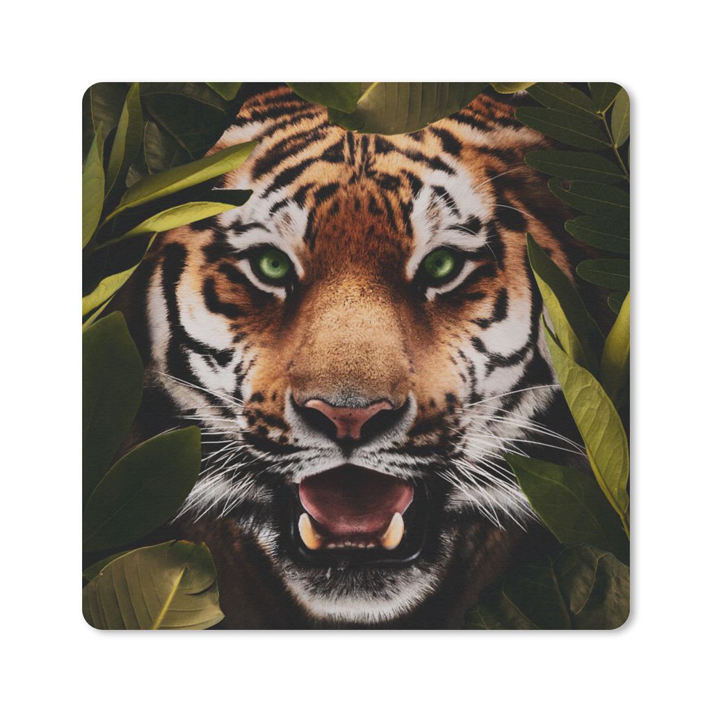 MuchoWow Mauspad Mousepad Tiger - Blätter - Tiere 20x20 cm - Mousepads - Maus Mat - Pad - Mausunterlage - Desk Mat - Bureauartikeln
