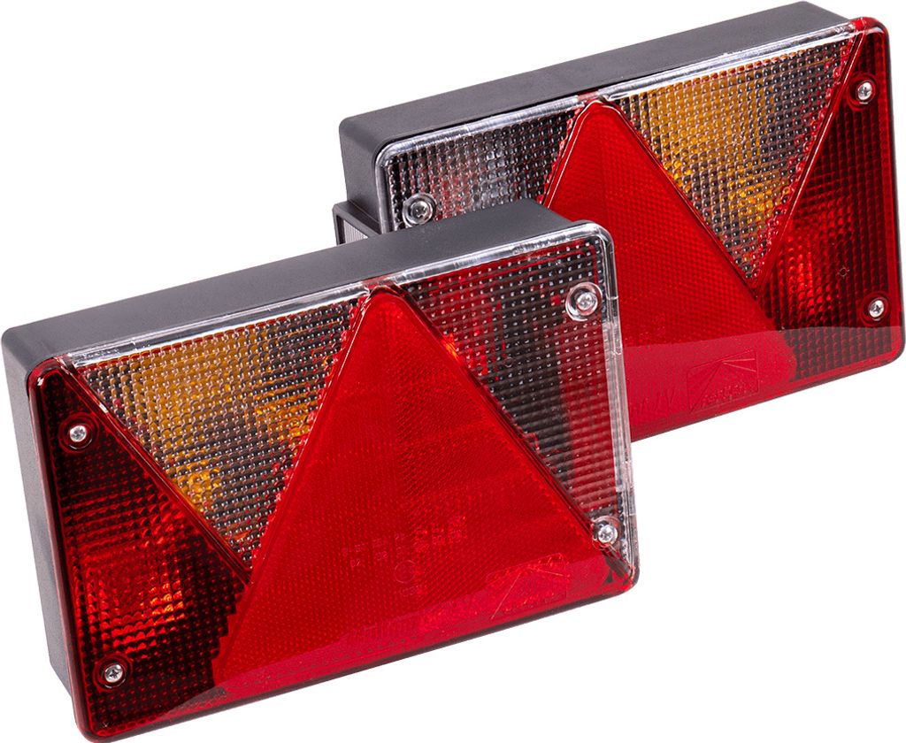 Two rectangular trailer lights with red and amber triangular sections, mounted on a white background.