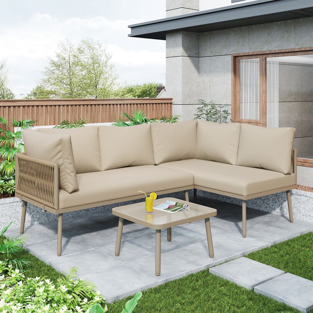 STILVORA Garten-Lounge-Set aus grünem Seil mit handgeflochtener Struktur und pulverbeschichtetem Eisenrahmen, Gartenmöbel-Set L-förmig mit 10 cm...