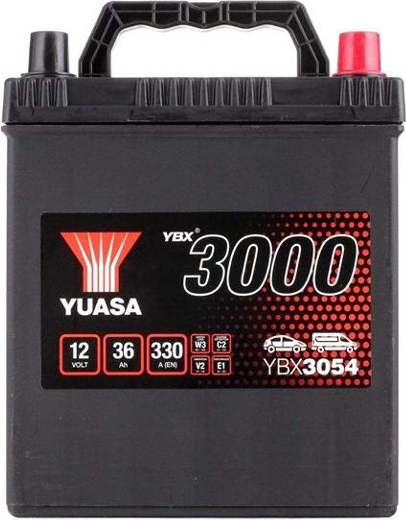 A black car battery with branding and specifications displayed on the front.